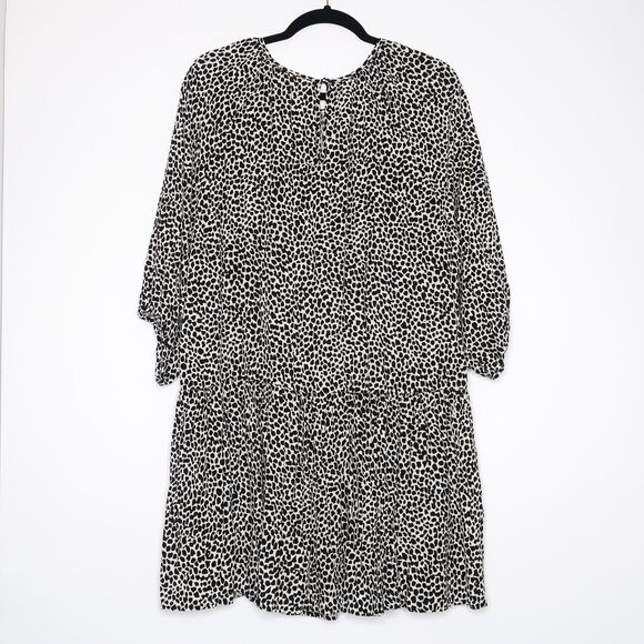 H&M Womens Leopard Print Short Dress Size Medium Black White Bubble Sleeve‎ Boho - Picture 2 of 7